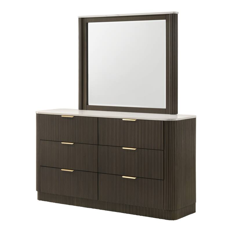 Furniture of America Alta Modern 2-Piece Dark Walnut 6-Drawer Dresser and Mirror Set with Artificial Marble Top