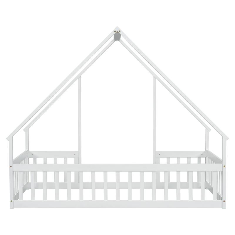 Twin Size Pine House-Shaped Floor Bed with Roof & Guardrails