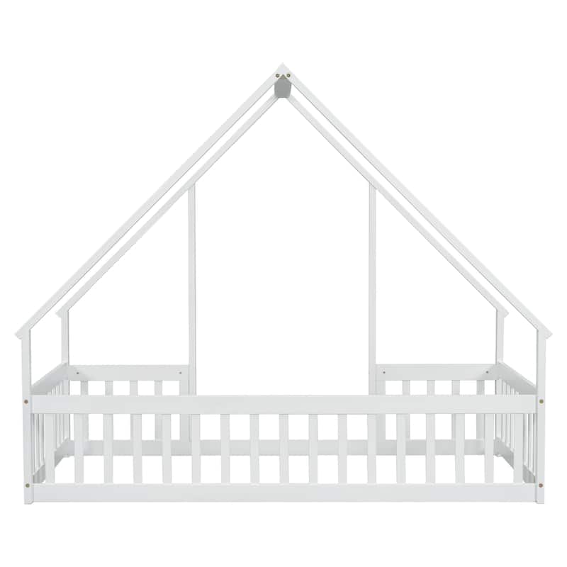 Wood House Bed with House Roof, No Slats Floor Bed with Fence Guardrails, House-shaped Bed Frame for Kids Toddler Boys Girls
