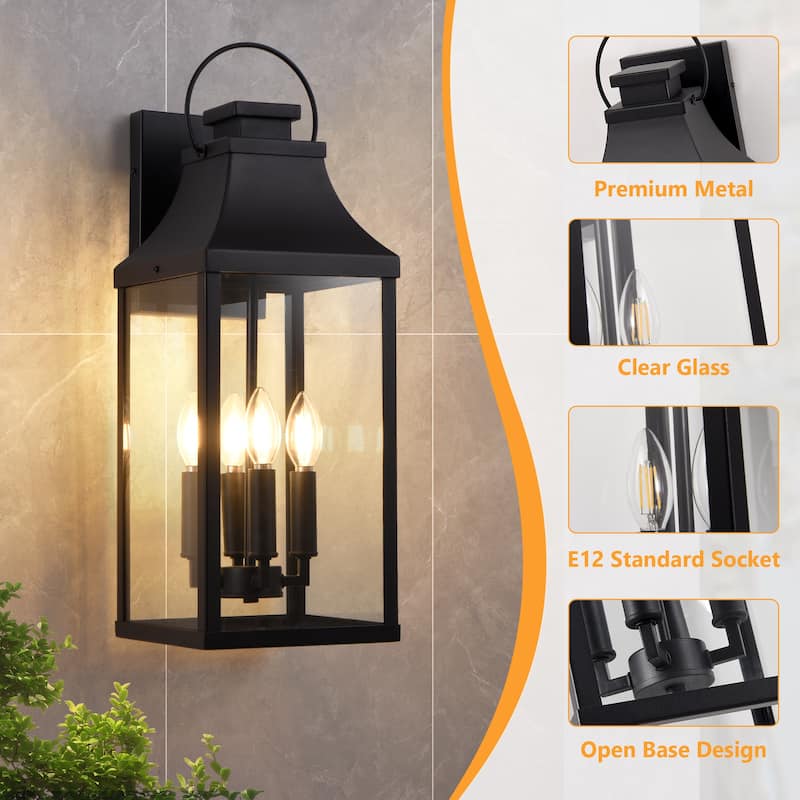 4-light Outdoor Wall Light With Matte-black Lantern & Clear Glass