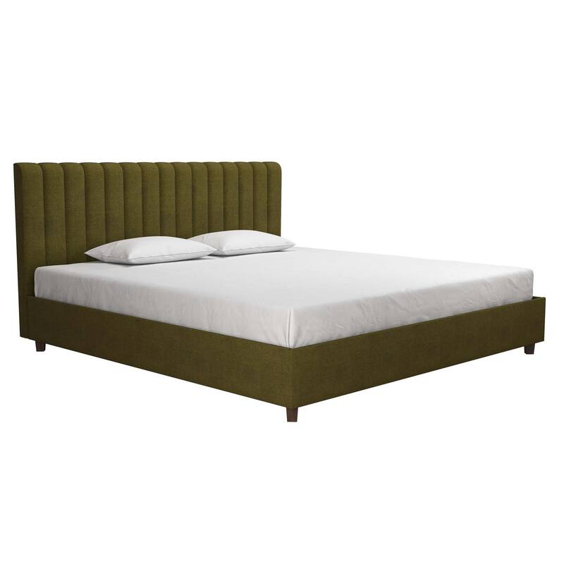 Roomfitters Brittany King Size Upholstered Bed Frame with Ribbed Tufted Headboard, Linen Fabric, Green