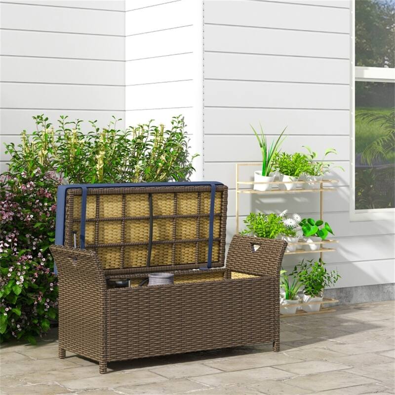 Brown Rattan Outdoor Storage Bench with Cushion and Steel Frame for Poolside or Garden Seating - 43.25" W x 17.75" D x 20.25" H