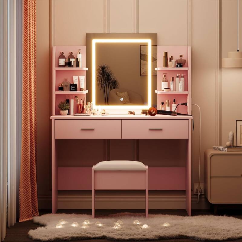 Vanity Desk with Lighted Mirror and 6 Storage Shelves