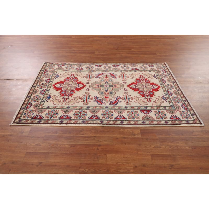 Geometric Kazak Oriental Accent Rug Hand-Knotted Wool Carpet - 3'11" x 5'11"