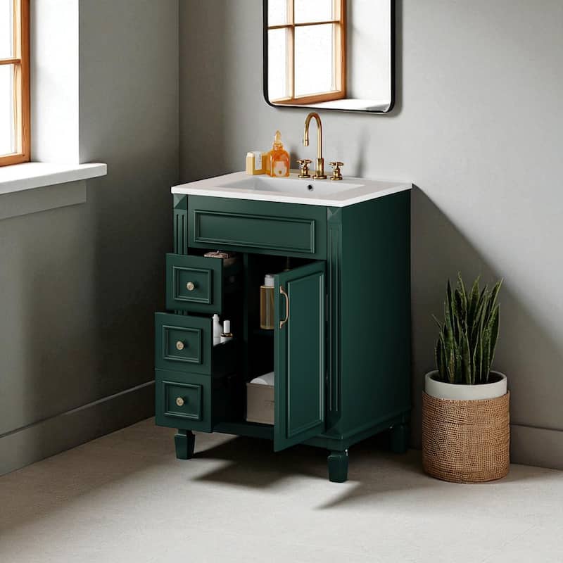 24" Bathroom Vanity with Ceramic Sink, Modern Small Bathroom Cabinet with 2 Drawers & Adjustable Shelf, Space-Saving