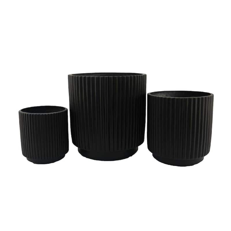 Elly Round Planter Set of 3, Ribbed Texture Black Resin, 16,12,9 Inch