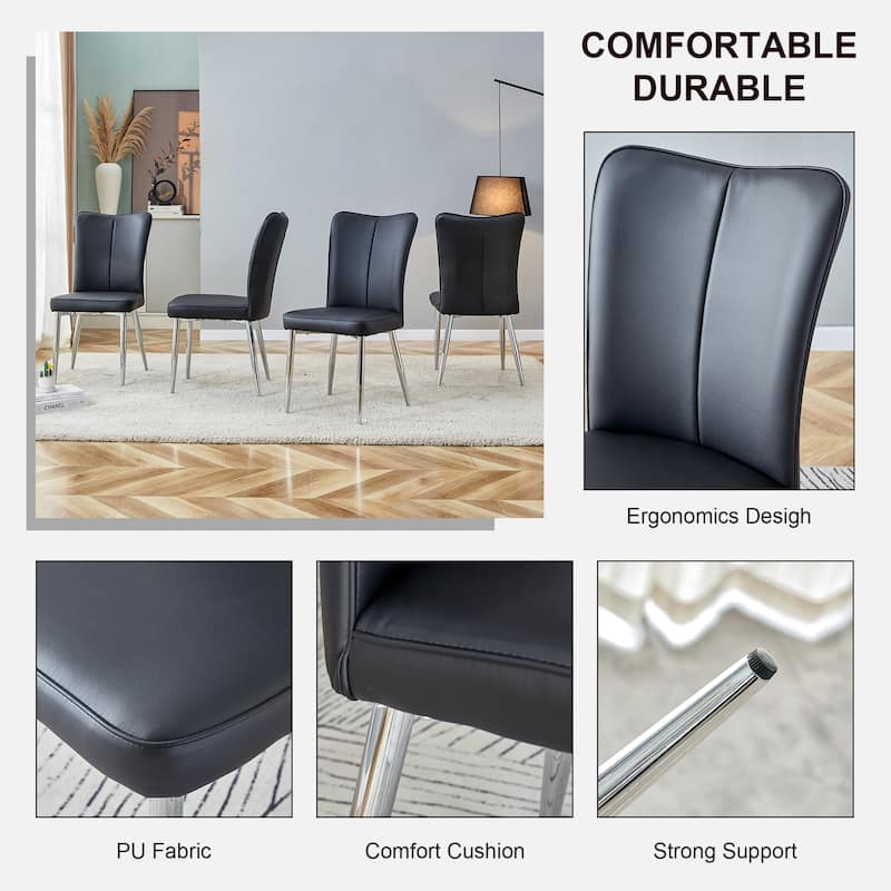 Dining Chairs, Black Pu Leather Curved Backrest And Seat Cushions, Electroplated Metal Chair Legs,A Set Of 4 Chairs.
