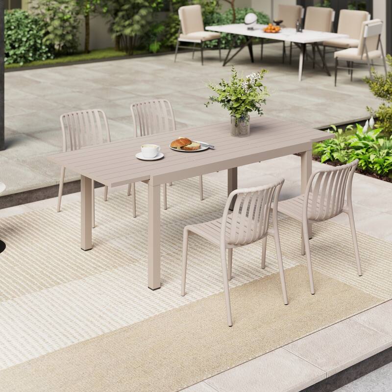 Outdoor Dining Set 5-Piece Stackable Plastic Lightweight Dining Chair and Extendable Dining Table - White chair & Linen-colored table