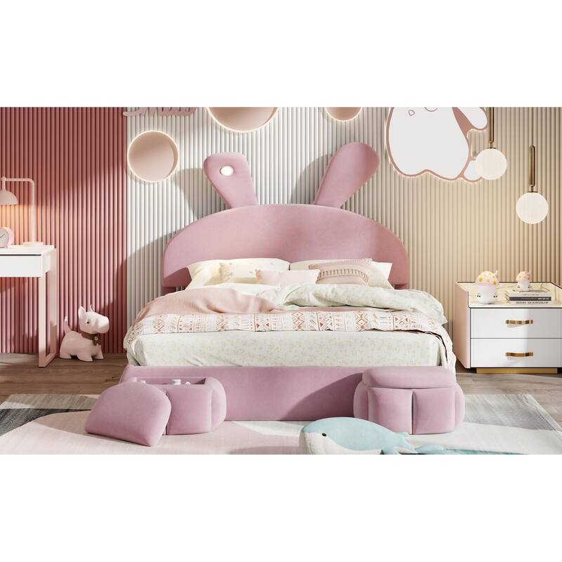 Full Size Upholstered Velvet Platform Bed Frame with Cartoon Ears Shaped Headboard, Light and 2 Small Storage Stools for Bedroom