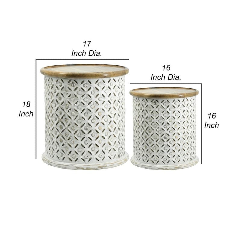 18, 16 Inch Accent Tables, Round, Mango Wood, Floral Cut Out, Brown, White - 34 H x 23 W x 23 L