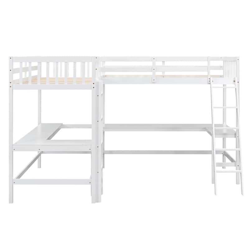 Twin Size Wood L-Shaped Loft Bed with Ladder and 2 Built-in Desks