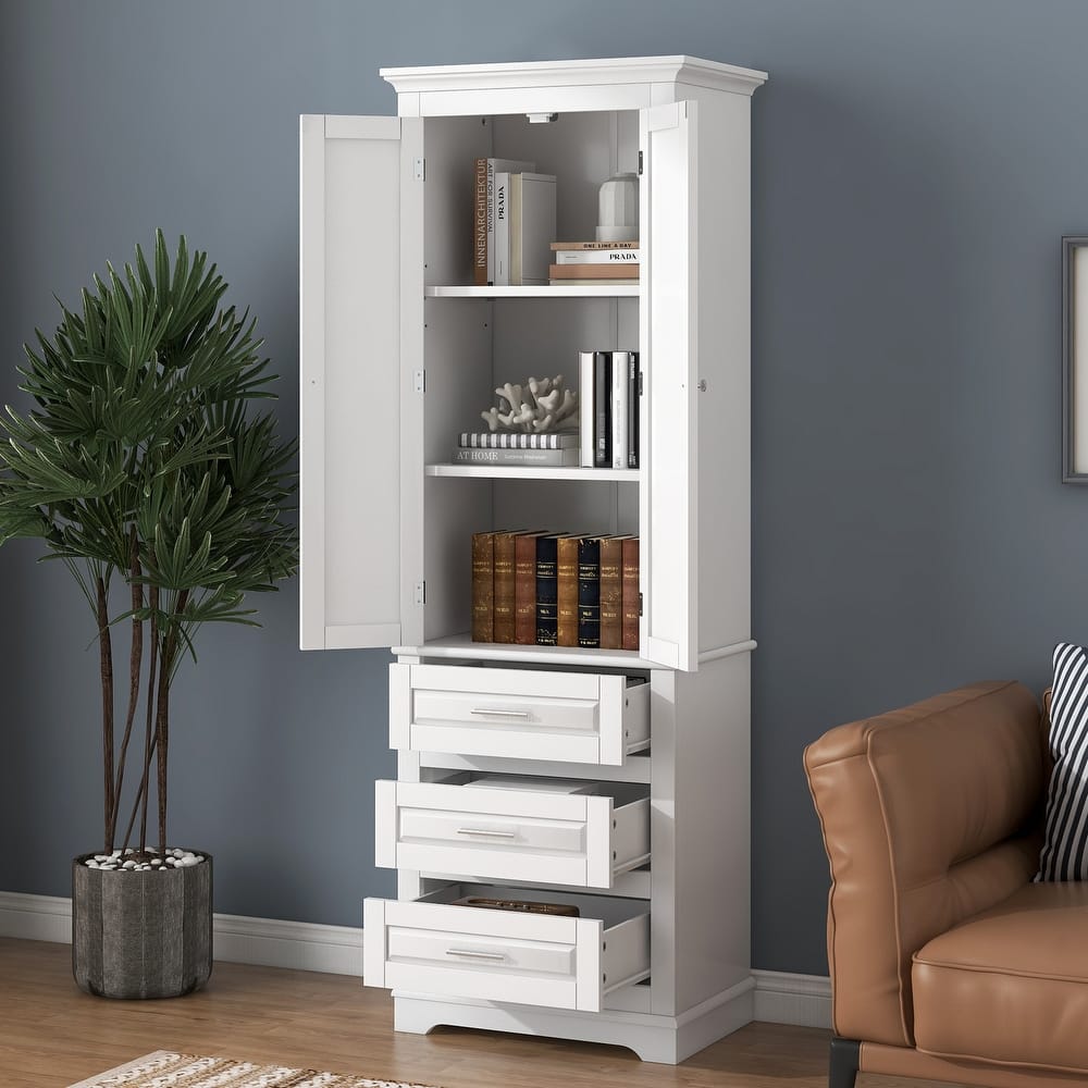 Wide Application Freestanding Storage Cabinet Tall Floor Cabinet with 3 Drawers, Adjustable Shelves and Anti-tipping Device
