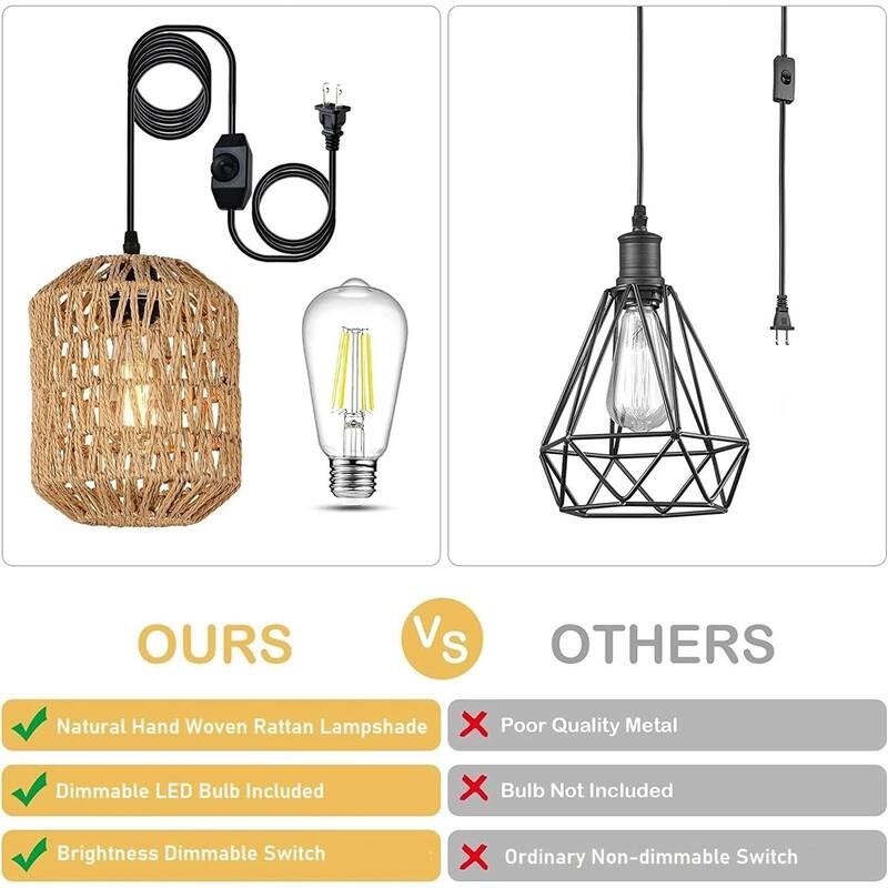 Hand-Woven Rattan Pendant Light - Includes Dimmable LED Bulb, 16ft Cord