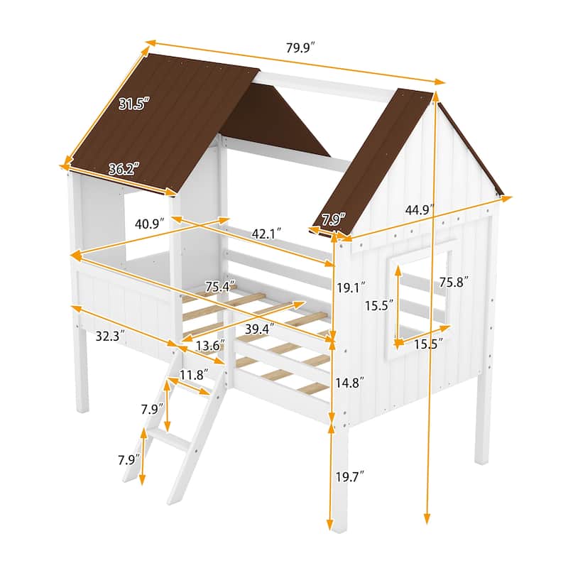 Playhouse Twin Low Loft Bed with Roof and Windows, Wooden Frame