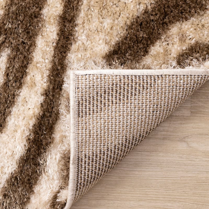 Beige Brown White Zebra Print Soft Shag Rug