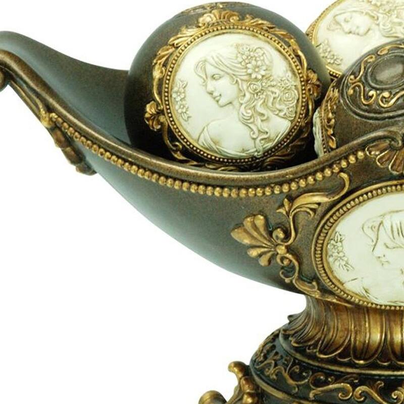 8" Bronze Polyresin Classical Greek Decorative Bowl With Orbs - 11.25 x 16.25 x 8