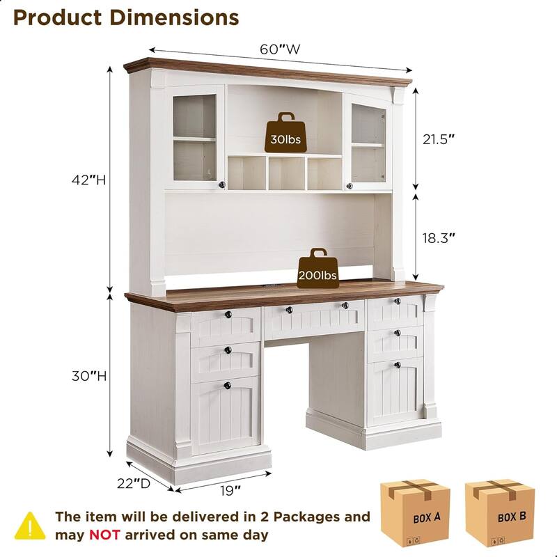 Farmhouse Computer Desk with Hutch, Wood Home Office Desk