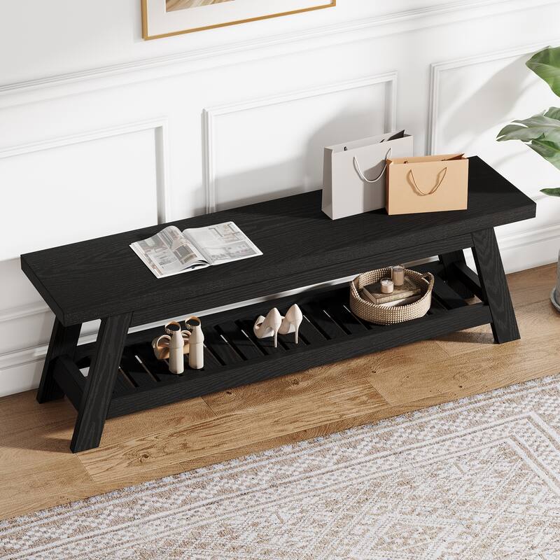 55" Entryway Bench with Shoe Storage, Large 2-Tier Foyer Bench