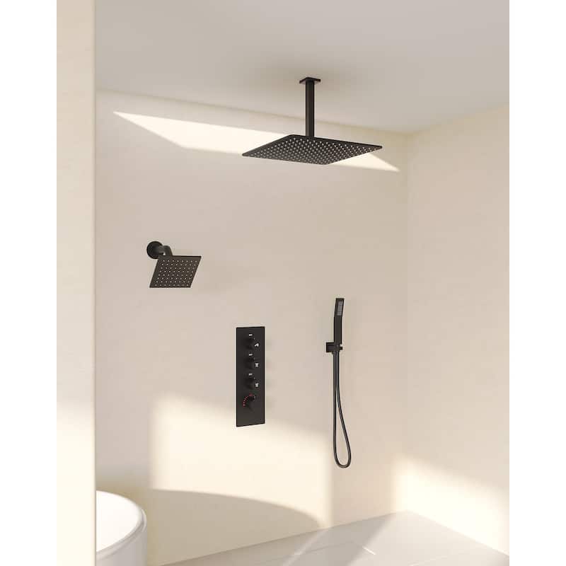 Dual Heads 16" Rainfall & High Pressure 6" Shower System w/ 3 Way Thermostatic Faucet 