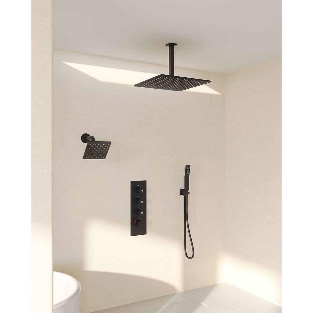 Dual Heads 16" Rainfall & High Pressure 6" Shower System w/ 3 Way Thermostatic Faucet 