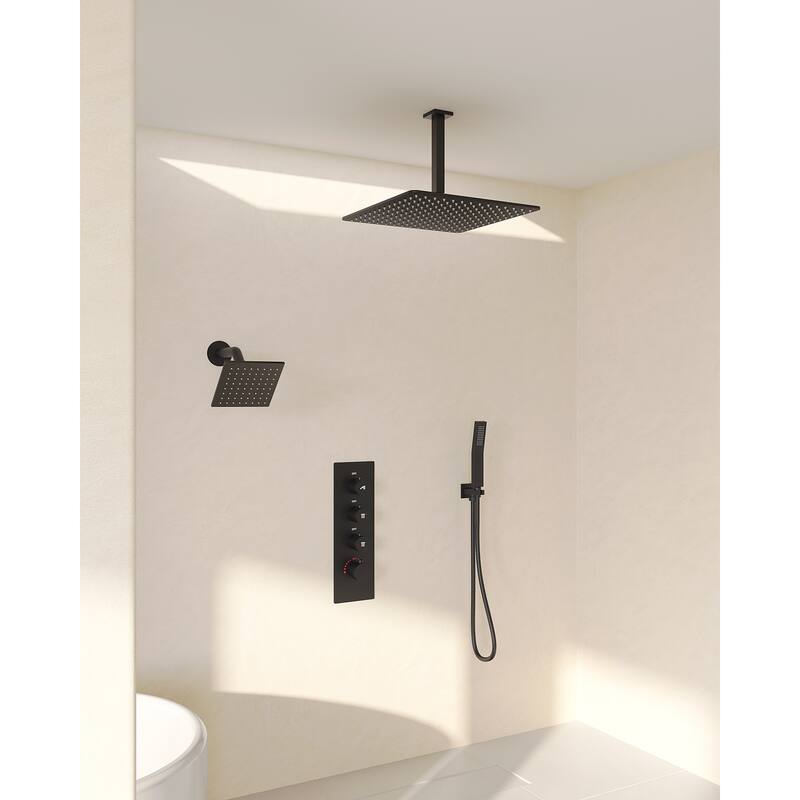 GRANDJOY Dual Shower Heads 16" Rainfall Shower Faucet System with Thermostatic Valve - Matte Black