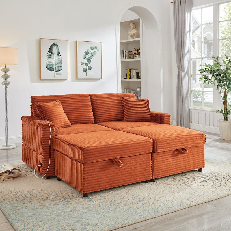 Modular Chaise Sleeper Sofa Bed, Corduroy Loveseat Couch & Storage Ottomans Set with Folding Table Boards and USB Ports