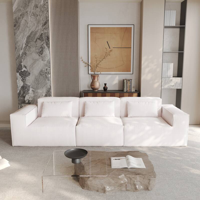 118" Modular Sofa Sectional Couch with Movable Fabric Cover & 3 Pillows, Comfy 3-Seater Corduroy Fabric Couch - Beige