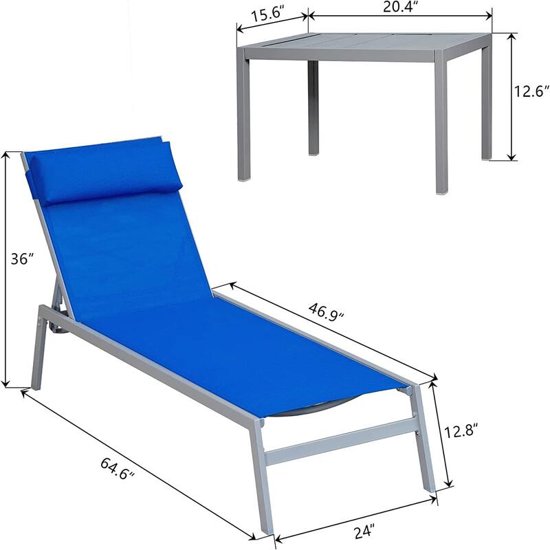 Patio Chaise Lounge Set, 3 Pieces Adjustable Backrest Pool Lounge Chairs Steel Textilene Sunbathing Recliner With Headrest