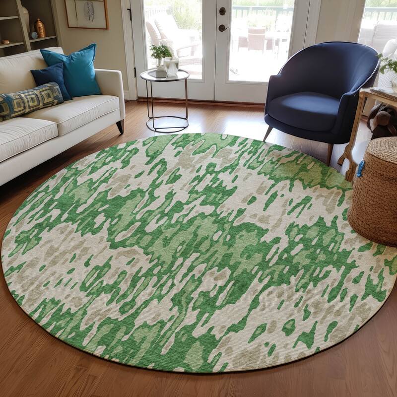 Machine Washable Indoor/ Outdoor Modern Watercolor Chantille Rug - Green - 8' x 8'
