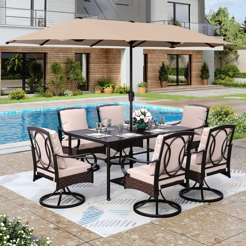 MAISON ARTS 8-Piece Metal Outdoor Dining Set with Beige Cushions and Umbrella - Beige