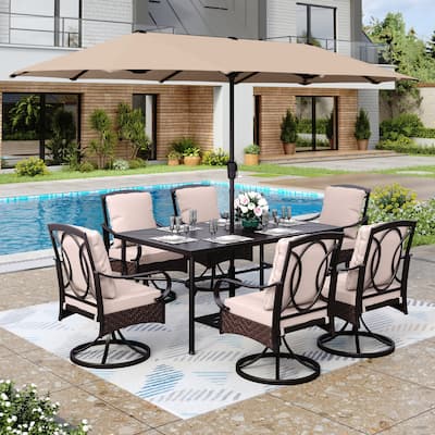 MAISON ARTS 8-Piece Metal Outdoor Dining Set with Beige Cushions and Umbrella