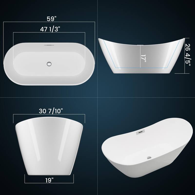 Free Standing Tub 59/67" Deep Soaking Bath Tub Oval Shape Acrylic Freestanding Bathtub