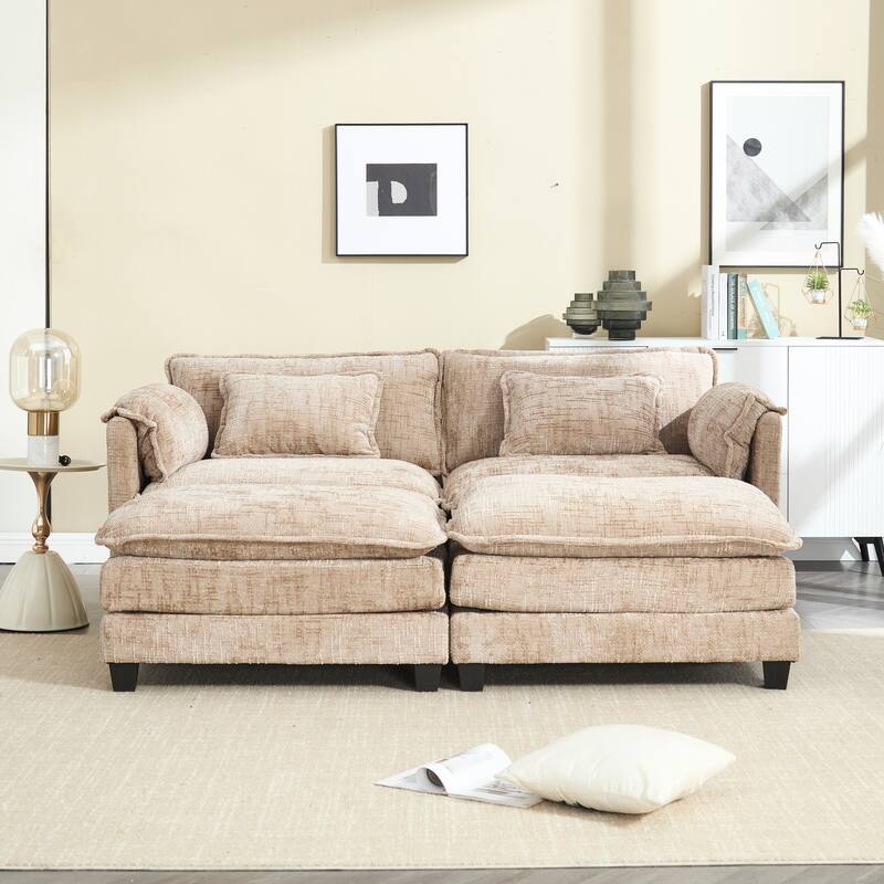 Chenille Sleeper Sofa Bed Deep Seat Loveseat Sectional Couch with Ottomans Chaise Lounge, Detachable Armrests and Side Pockets