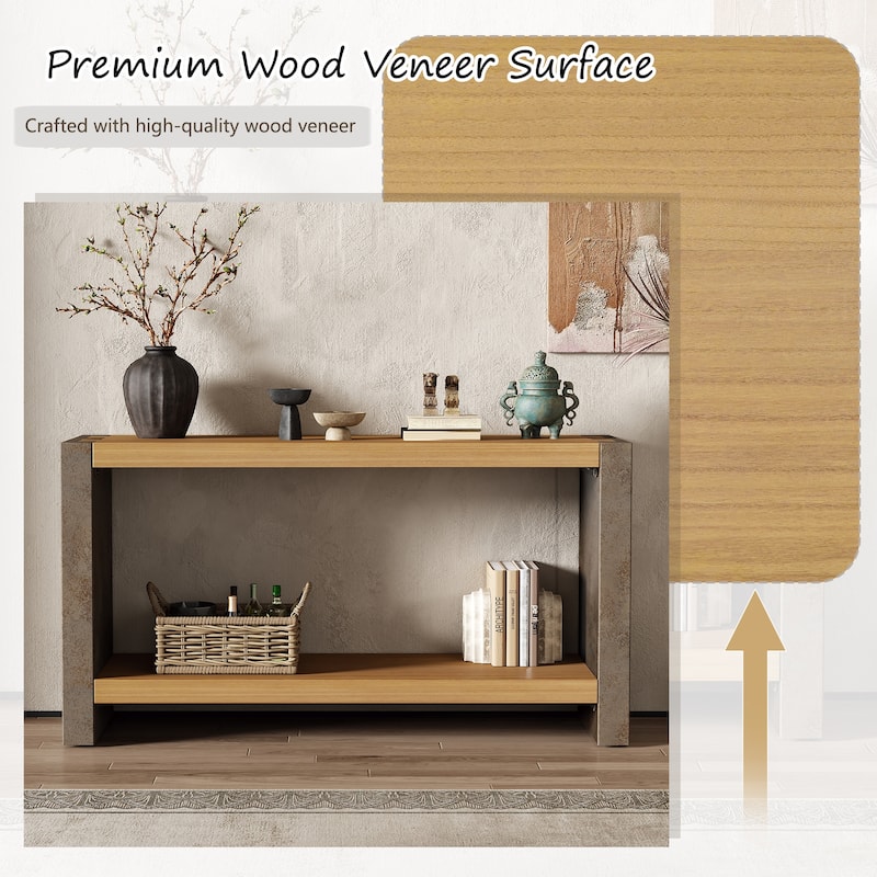 Console Table with Dovetail Joinery & Bottom Shelf, Vintage Industrial Sofa Tables with Distressed Veneer, 59" Entryway Table