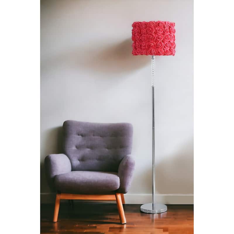 HomeRoots 63" Steel and Acrylic Floor Lamp With Red Flowers Fabric Drum Shade - 63 X 14 X 14