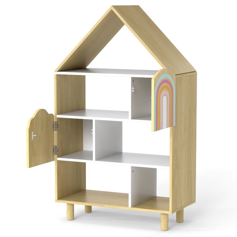 Natural Wood Kids Bookshelf House Shaped Toy Storage Organizer with Doors and Shelves - 23.5" x 12" x 40.5"