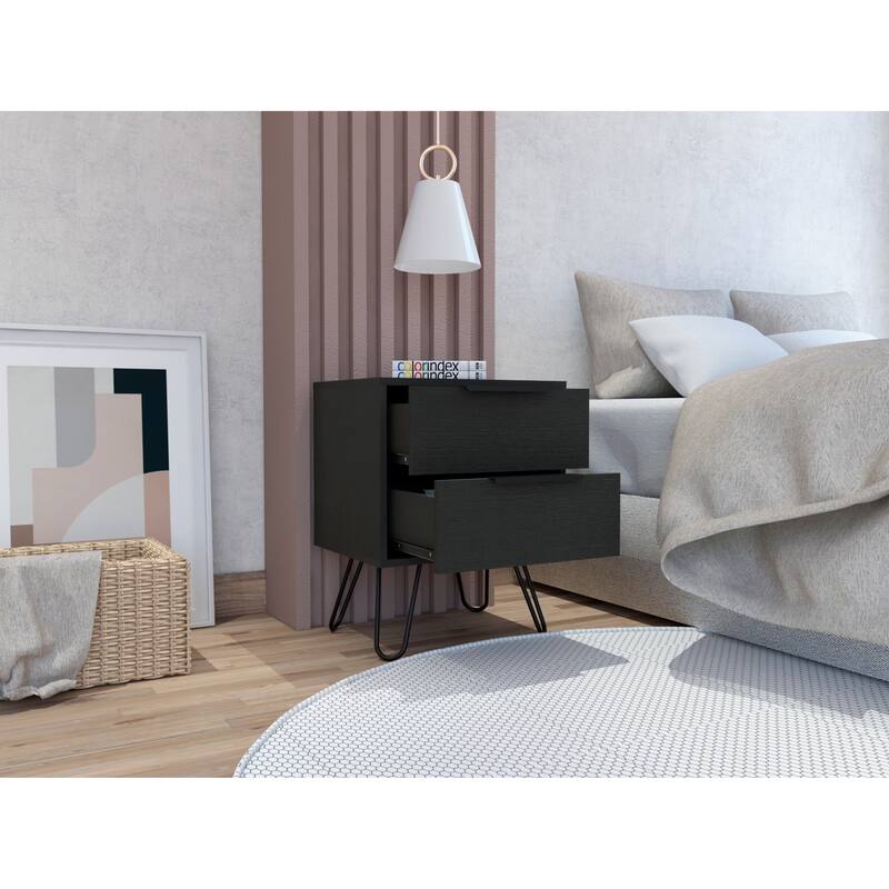 Modern Black Wengue Nightstand, 2 Drawers with Hairpin Legs, Compact and Stylish Design, 13.7"x17.71"x22.44"