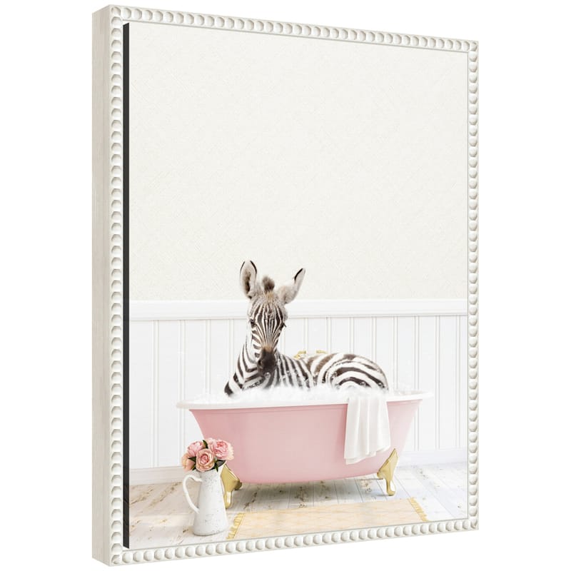 Kate and Laurel Sylvie Baby Zebra in Cottage Rose Bathtub Framed Canvas by Amy Peterson - White