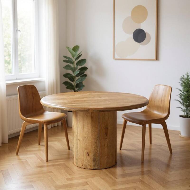 HomeRoots 48" Natural Solid Wood Pedestal Base Round Top Dining Table - 48.00 in. x 30.00 in. x 48.00 in. - Natural - 48.00 in. x 30.00 in.  x 48.00 in.