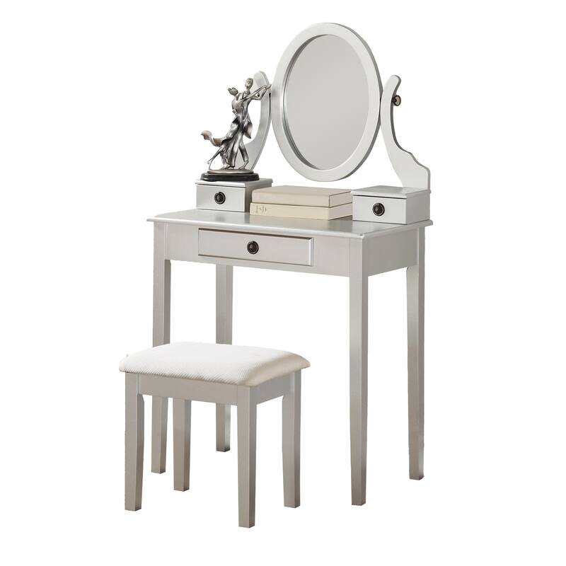 Bedroom Makeup Vanity Desk and Stool Set, Vanity Set Includes Dressing Table, Swivel Adjustable Oval Mirror and Stool