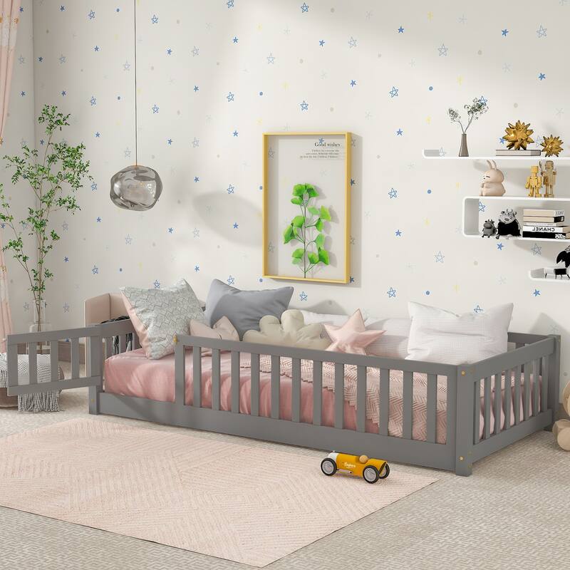 Pine Wood Floor Platform Bed with Fence and Door - Grey - Twin