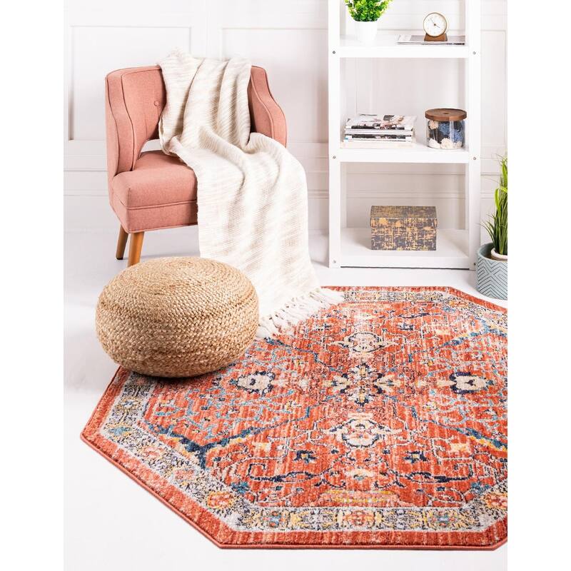 Traditional Nixa Collection Area Rug - 7'10"x7'10" Octagon - Brick Red