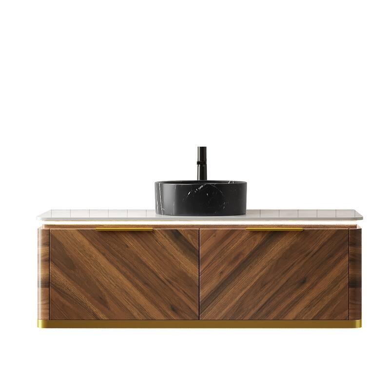 Floating Bathroom Vanity with Sintered Stone Top and Black Ceramic Round Basin