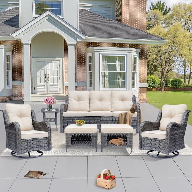 Gray Wicker Outdoor Patio Conversation Seating Sets with Swivel Chairs - 6 Pieces - Beige