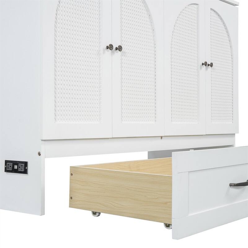 Full/Queen Size Murphy Bed Wall Bed with a Large Drawer, Wooden Space Savig Murphy Cabinet Bed, Folding Murphy Bed Chest