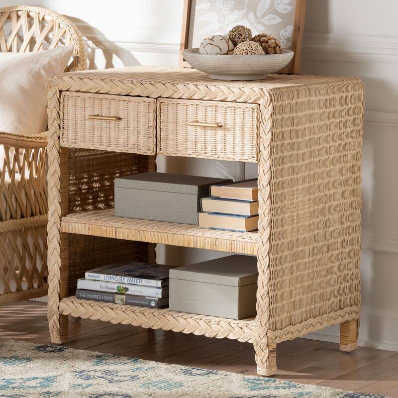 Lanica Braided Natural Rattan Console Table with Drawers and Shelves – Coastal Style Cabinet for Entryway or Living Room