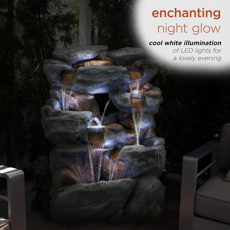 Alpine Corporation WIN1068 Outdoor Floor Rock Water Fountain with LED Lights, 5-Tier Rock Waterfall Fountain 54", Dark Brown