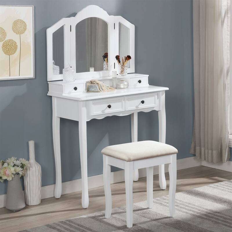Wooden Vanity Make Up Table & Stool Set Includes Vanity, Mirror, Bench