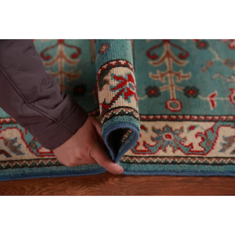 Geometric Kazak Foyer Rug Hand-Knotted Blue Traditional Wool Carpet - 2'8"x 4'0"