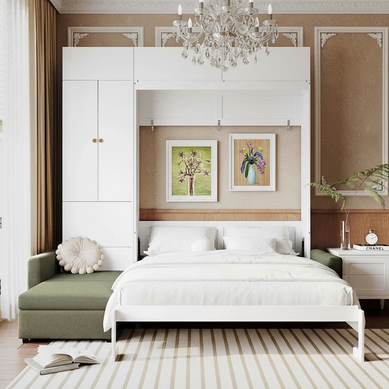 Queen-Size Convertible Murphy Wall Bed with Built-In L-Shaped Sofa & Storage Cabinet System by Harper&Bright Designs - Beige